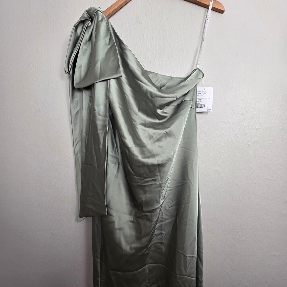 NWT After Six One Shoulder Bias Cut Satin Maxi Dress Sage Green Large - Picture 4 of 10
